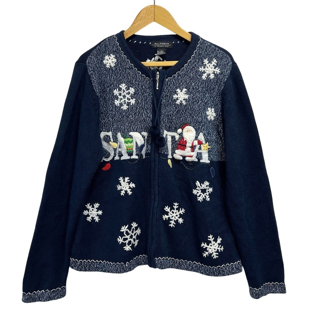 All Points Cardigan Women L Navy Santa Snowflake Zip Christmas Sweater VTG 90s‎